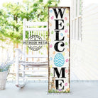 Toe Fish Art Welcome Easter Bunny Spring Easter Seasonal Decoration Porch Leaner Door Greeter Canvas or Outdoor Metal Vertical Entryway Sign Decor handcrafted in the USA for your Front Door Foyer Deck Holiday Outdoor Decoration Curb Appeal handmade by woman-owned USA small family American business ToeFishArt. Original, custom, personalized wall decor signs. Canvas, Wood or Metal. Rustic modern farmhouse, cottagecore, vintage, retro, industrial, Americana, primitive, country, coastal, minimalist.