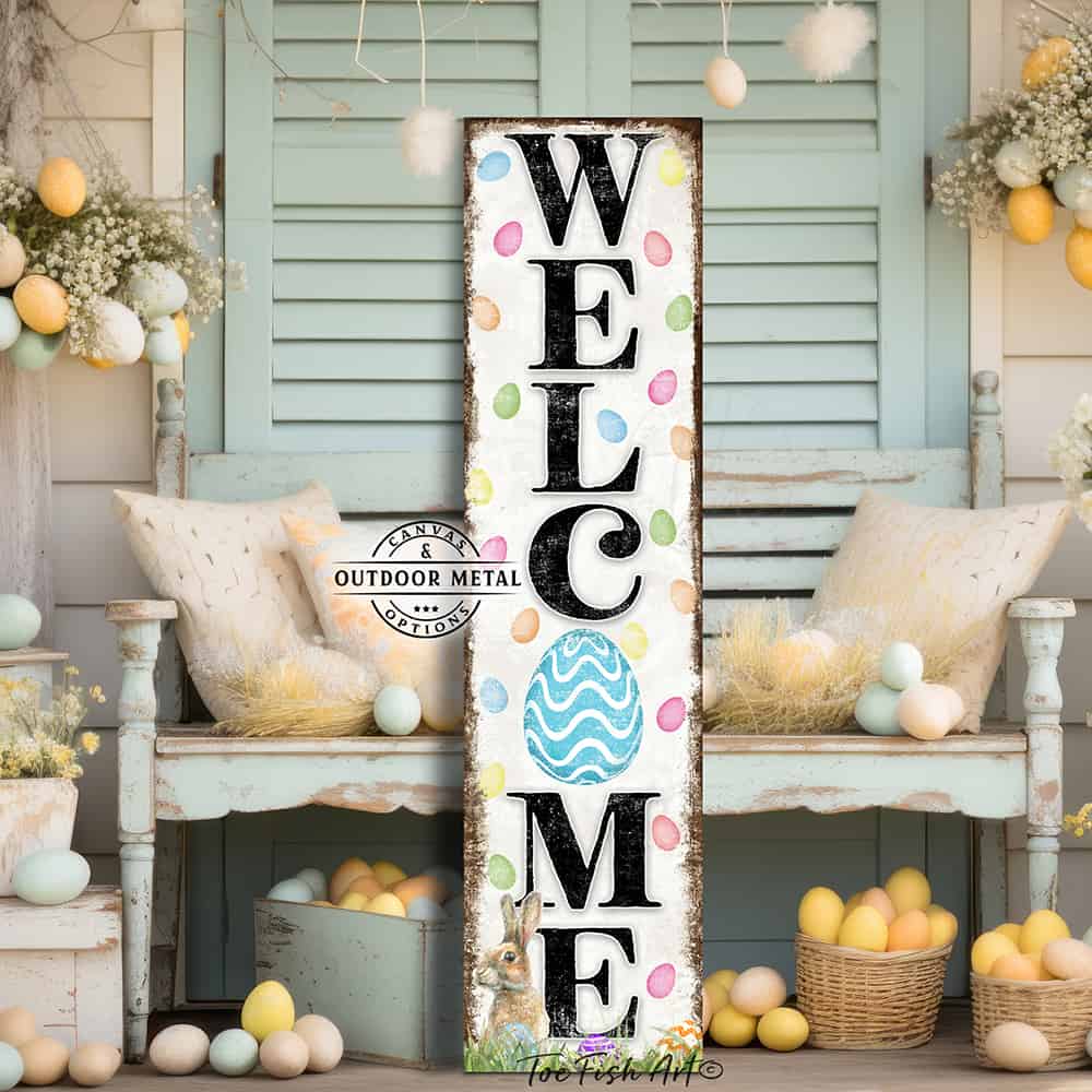Toe Fish Art Welcome Easter Bunny Spring Easter Seasonal Decoration Porch Leaner Door Greeter Canvas or Outdoor Metal Vertical Entryway Sign Decor handcrafted in the USA for your Front Door Foyer Deck Holiday Outdoor Decoration Curb Appeal handmade by woman-owned USA small family American business ToeFishArt. Original, custom, personalized wall decor signs. Canvas, Wood or Metal. Rustic modern farmhouse, cottagecore, vintage, retro, industrial, Americana, primitive, country, coastal, minimalist.