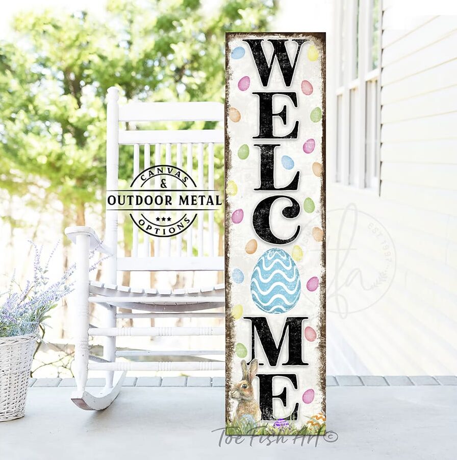 Toe Fish Art Welcome Easter Bunny Spring Easter Seasonal Decoration Porch Leaner Door Greeter Canvas or Outdoor Metal Vertical Entryway Sign Decor handcrafted in the USA for your Front Door Foyer Deck Holiday Outdoor Decoration Curb Appeal handmade by woman-owned USA small family American business ToeFishArt. Original, custom, personalized wall decor signs. Canvas, Wood or Metal. Rustic modern farmhouse, cottagecore, vintage, retro, industrial, Americana, primitive, country, coastal, minimalist.