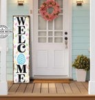 Toe Fish Art Welcome Spring Easter Seasonal Decoration Porch Leaner Door Greeter Canvas or Outdoor Metal Vertical Entryway Sign Decor handcrafted in the USA for your Front Door Foyer Deck Holiday Outdoor Decoration Curb Appeal handmade by woman-owned USA small family American business ToeFishArt. Original, custom, personalized wall decor signs. Canvas, Wood or Metal. Rustic modern farmhouse, cottagecore, vintage, retro, industrial, Americana, primitive, country, coastal, minimalist.