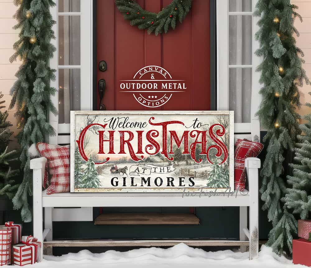 Welcome to Christmas canvas or outdoor metal personalized sleigh ride Sign handmade by ToeFishArt. Original, custom, personalized wall decor signs. Canvas, Wood or Metal. Rustic modern farmhouse, cottagecore, vintage, retro, industrial, Americana, primitive, country, coastal, minimalist.