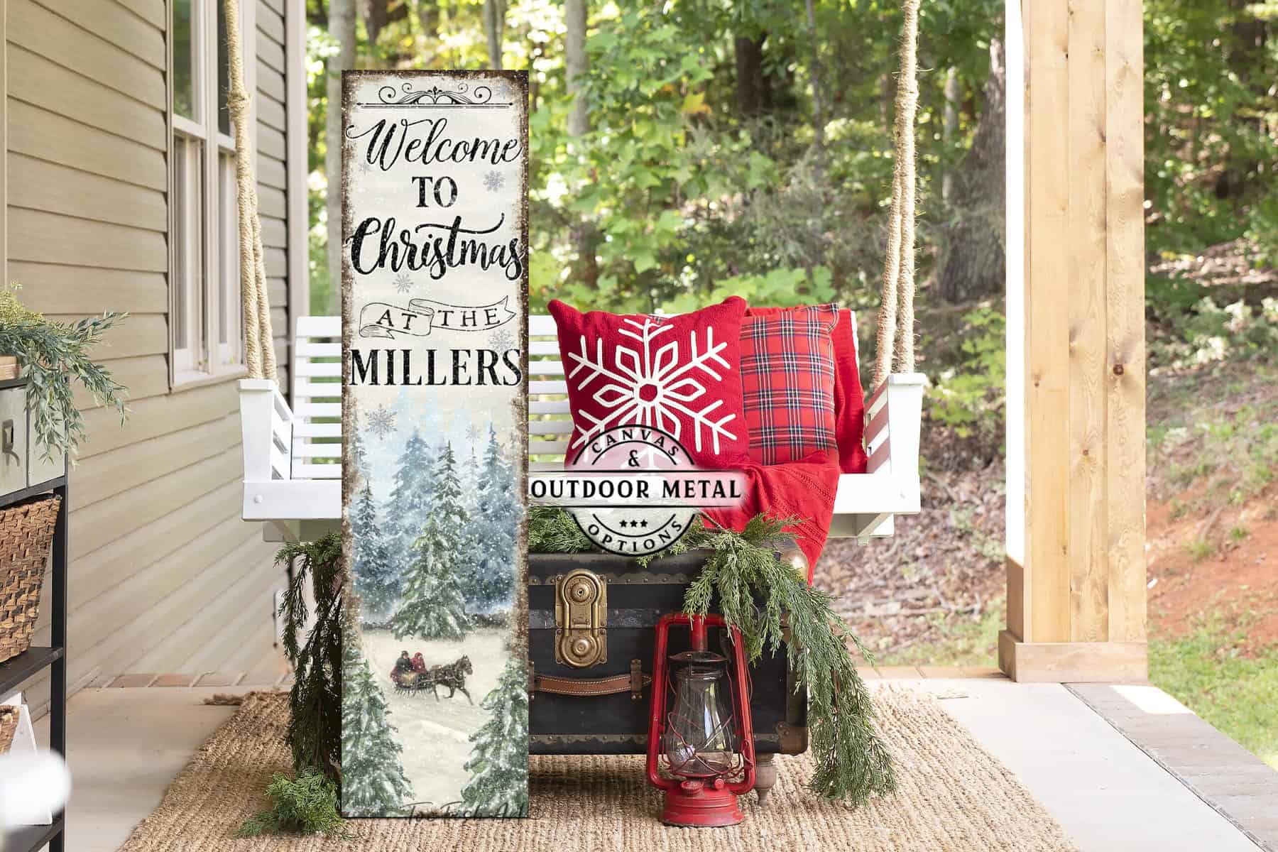 Bring home the Holidays with the beautiful winter colors of this Personalized Welcome to Christmas Porch Sign by Toe Fish Art. This stunning porch leaner or front door wall hanging features a nostalgic winter sleigh ride scene and custom personalization. Toe Fish Art specializes in Holiday and Seasonal home decor for indoor and outdoor spaces. Framed canvas, hardwood shiplap, or outdoor metal. Each piece is expertly made by American artisans with genuine craftsmanship, heritage quality, and rustic charm.