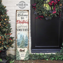 Bring home the Holidays with the beautiful winter colors of this Personalized Welcome to Christmas Porch Sign by Toe Fish Art. This stunning porch leaner or front door wall hanging features a nostalgic winter sleigh ride scene and custom personalization. Toe Fish Art specializes in Holiday and Seasonal home decor for indoor and outdoor spaces. Framed canvas, hardwood shiplap, or outdoor metal. Each piece is expertly made by American artisans with genuine craftsmanship, heritage quality, and rustic charm.
