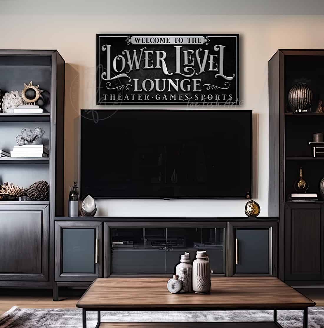 Toe Fish Art Personalized Custom Lower Level Lounge Sign Family Name Canvas and Metal options handmade by ToeFishArt. Original, custom, personalized wall decor signs. Canvas, Wood or Metal. Rustic modern farmhouse, cottagecore, vintage, retro, industrial, Americana, primitive, country, coastal, minimalist.