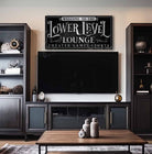 Toe Fish Art Personalized Custom Lower Level Lounge Sign Family Name Canvas and Metal options handmade by ToeFishArt. Original, custom, personalized wall decor signs. Canvas, Wood or Metal. Rustic modern farmhouse, cottagecore, vintage, retro, industrial, Americana, primitive, country, coastal, minimalist.