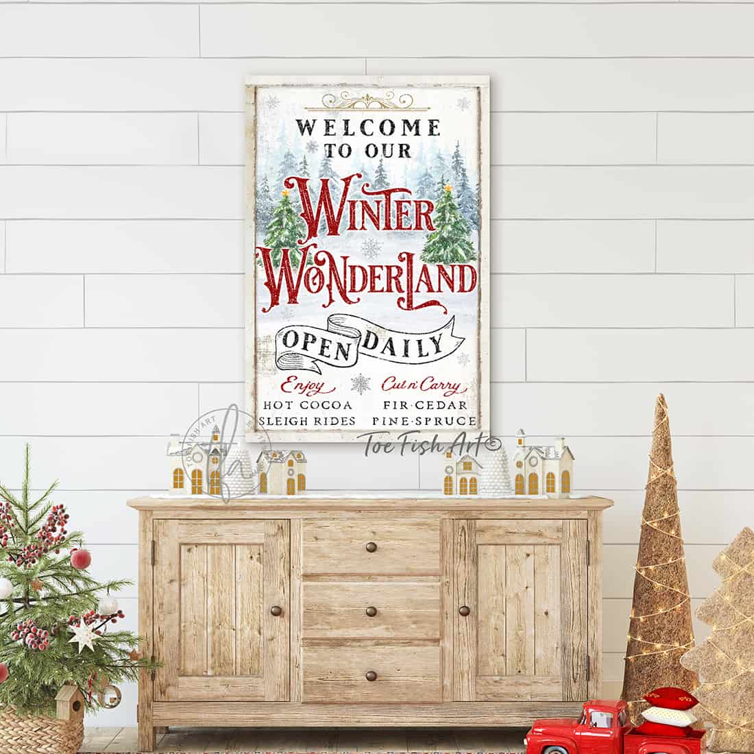 Winter Wonderland Personalized Sign family name wall hanging canvas or outdoor metal for exterior Christmas decoration holiday curb appeal nostalgic winter seasonal artwork wall decor handmade in the USA by the Toe Fish Art family artists. Original, custom, personalized wall decor signs. Canvas, Wood or Metal. Rustic modern farmhouse, cottagecore, vintage, retro, industrial, Americana, primitive, country, coastal, minimalist.