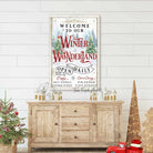 Winter Wonderland Personalized Sign family name wall hanging canvas or outdoor metal for exterior Christmas decoration holiday curb appeal nostalgic winter seasonal artwork wall decor handmade in the USA by the Toe Fish Art family artists. Original, custom, personalized wall decor signs. Canvas, Wood or Metal. Rustic modern farmhouse, cottagecore, vintage, retro, industrial, Americana, primitive, country, coastal, minimalist.