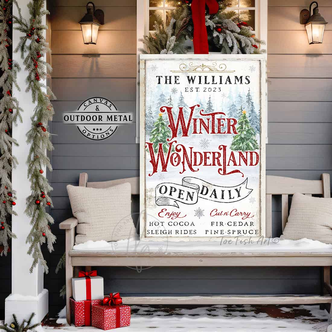 Winter Wonderland Personalized Sign family name wall hanging canvas or outdoor metal for exterior Christmas decoration holiday curb appeal nostalgic winter seasonal artwork wall decor handmade in the USA by the Toe Fish Art family artists. Original, custom, personalized wall decor signs. Canvas, Wood or Metal. Rustic modern farmhouse, cottagecore, vintage, retro, industrial, Americana, primitive, country, coastal, minimalist.