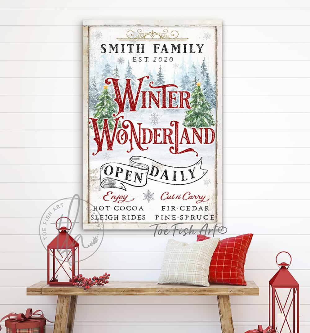 Winter Wonderland Personalized Sign family name wall hanging canvas or outdoor metal for exterior Christmas decoration holiday curb appeal nostalgic winter seasonal artwork wall decor handmade in the USA by the Toe Fish Art family artists. Original, custom, personalized wall decor signs. Canvas, Wood or Metal. Rustic modern farmhouse, cottagecore, vintage, retro, industrial, Americana, primitive, country, coastal, minimalist.