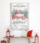 Winter Wonderland Personalized Sign family name wall hanging canvas or outdoor metal for exterior Christmas decoration holiday curb appeal nostalgic winter seasonal artwork wall decor handmade in the USA by the Toe Fish Art family artists. Original, custom, personalized wall decor signs. Canvas, Wood or Metal. Rustic modern farmhouse, cottagecore, vintage, retro, industrial, Americana, primitive, country, coastal, minimalist.