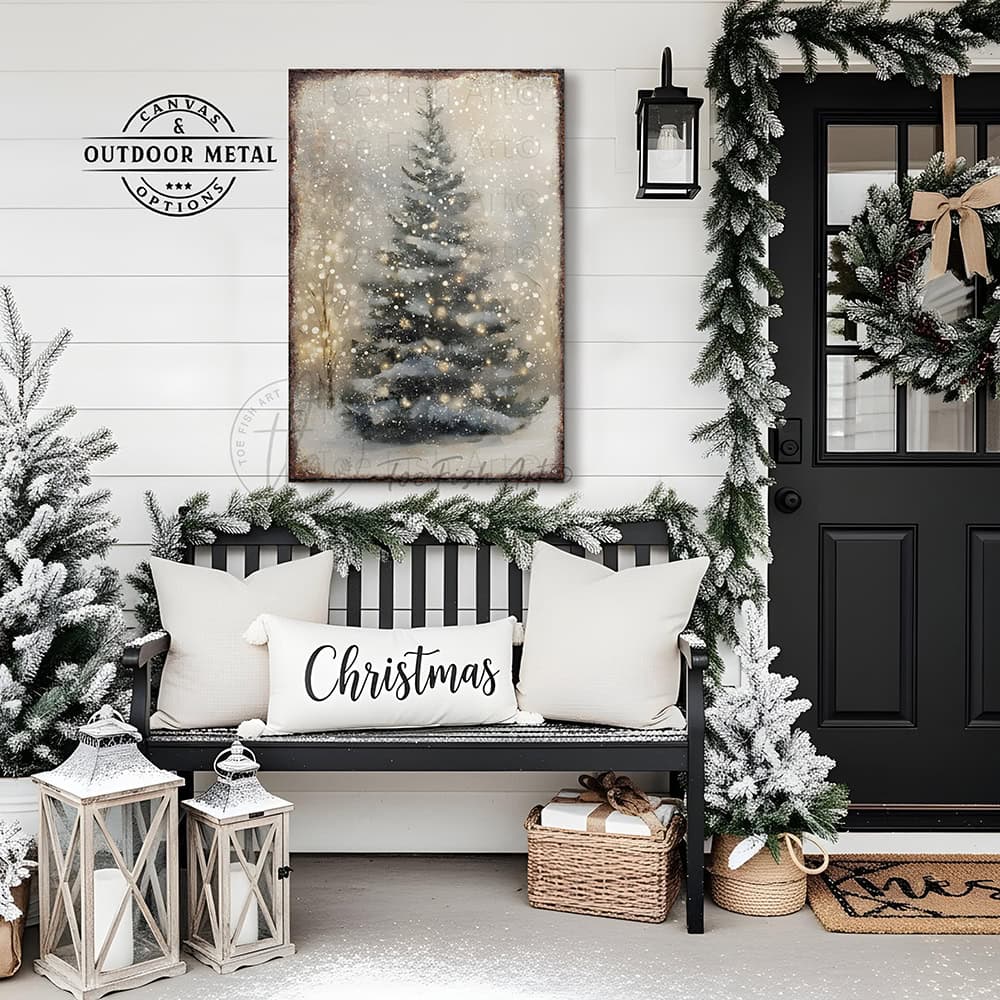 Toe Fish Art Rustic Christmas tree wall art featuring a snowy winter scene with soft glowing lights. This vintage-inspired holiday decor brings cozy, farmhouse charm to your home with neutral tones and a serene atmosphere. Perfect for Christmas decorations, winter-themed rooms, and festive living spaces. High-quality print ideal for adding warmth and holiday spirit to any room.