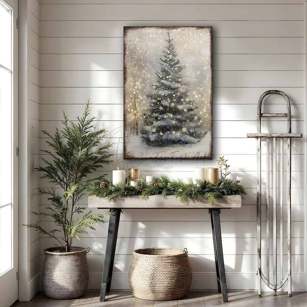 Toe Fish Art Rustic Christmas tree wall art featuring a snowy winter scene with soft glowing lights. This vintage-inspired holiday decor brings cozy, farmhouse charm to your home with neutral tones and a serene atmosphere. Perfect for Christmas decorations, winter-themed rooms, and festive living spaces. High-quality print ideal for adding warmth and holiday spirit to any room.