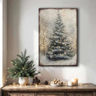 Toe Fish Art Rustic Christmas tree wall art featuring a snowy winter scene with soft glowing lights. This vintage-inspired holiday decor brings cozy, farmhouse charm to your home with neutral tones and a serene atmosphere. Perfect for Christmas decorations, winter-themed rooms, and festive living spaces. High-quality print ideal for adding warmth and holiday spirit to any room.