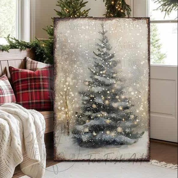 Toe Fish Art Rustic Christmas tree wall art featuring a snowy winter scene with soft glowing lights. This vintage-inspired holiday decor brings cozy, farmhouse charm to your home with neutral tones and a serene atmosphere. Perfect for Christmas decorations, winter-themed rooms, and festive living spaces. High-quality print ideal for adding warmth and holiday spirit to any room.