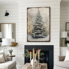 Toe Fish Art Rustic Christmas tree wall art featuring a snowy winter scene with soft glowing lights. This vintage-inspired holiday decor brings cozy, farmhouse charm to your home with neutral tones and a serene atmosphere. Perfect for Christmas decorations, winter-themed rooms, and festive living spaces. High-quality print ideal for adding warmth and holiday spirit to any room.
