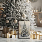 Toe Fish Art Rustic Christmas tree wall art featuring a snowy winter scene with soft glowing lights. This vintage-inspired holiday decor brings cozy, farmhouse charm to your home with neutral tones and a serene atmosphere. Perfect for Christmas decorations, winter-themed rooms, and festive living spaces. High-quality print ideal for adding warmth and holiday spirit to any room.