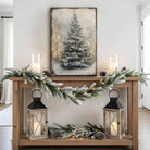 Toe Fish Art Rustic Christmas tree wall art featuring a snowy winter scene with soft glowing lights. This vintage-inspired holiday decor brings cozy, farmhouse charm to your home with neutral tones and a serene atmosphere. Perfect for Christmas decorations, winter-themed rooms, and festive living spaces. High-quality print ideal for adding warmth and holiday spirit to any room.