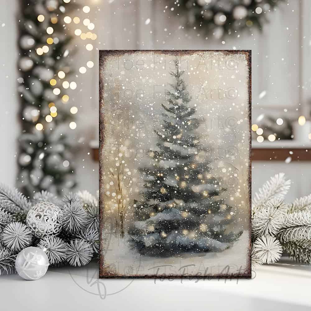 Toe Fish Art Rustic Christmas tree wall art featuring a snowy winter scene with soft glowing lights. This vintage-inspired holiday decor brings cozy, farmhouse charm to your home with neutral tones and a serene atmosphere. Perfect for Christmas decorations, winter-themed rooms, and festive living spaces. High-quality print ideal for adding warmth and holiday spirit to any room.