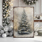 Toe Fish Art Rustic Christmas tree wall art featuring a snowy winter scene with soft glowing lights. This vintage-inspired holiday decor brings cozy, farmhouse charm to your home with neutral tones and a serene atmosphere. Perfect for Christmas decorations, winter-themed rooms, and festive living spaces. High-quality print ideal for adding warmth and holiday spirit to any room.