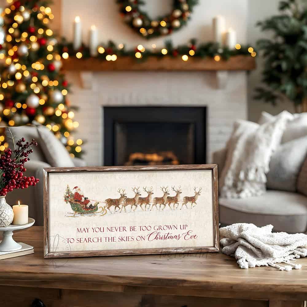 Rustic Christmas wall art featuring Santa Claus in a sleigh pulled by reindeer with the quote “May You Never Be Too Grown Up to Search the Skies on Christmas Eve.” Vintage farmhouse holiday décor perfect for adding nostalgic Christmas charm to your home.