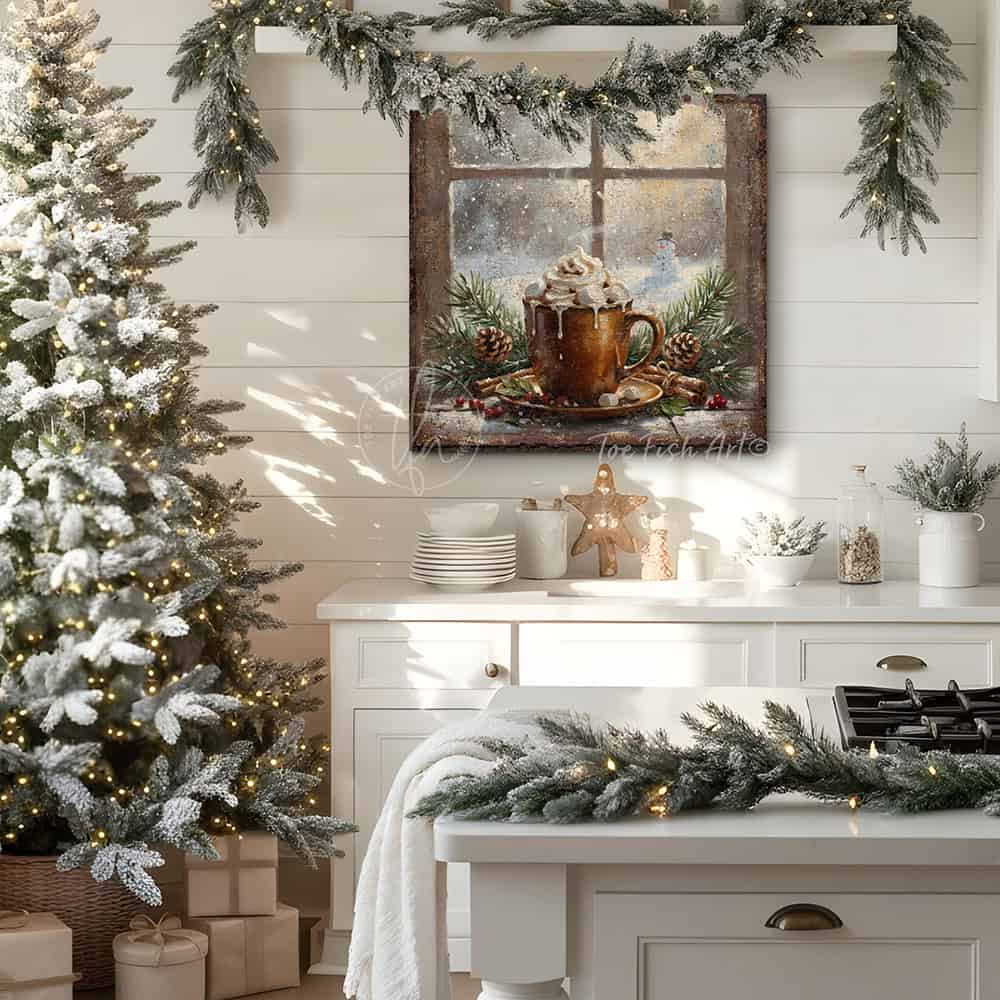 Rustic winter wall art of hot cocoa with whipped cream, pinecones, and snow scene, perfect for cozy Christmas décor.