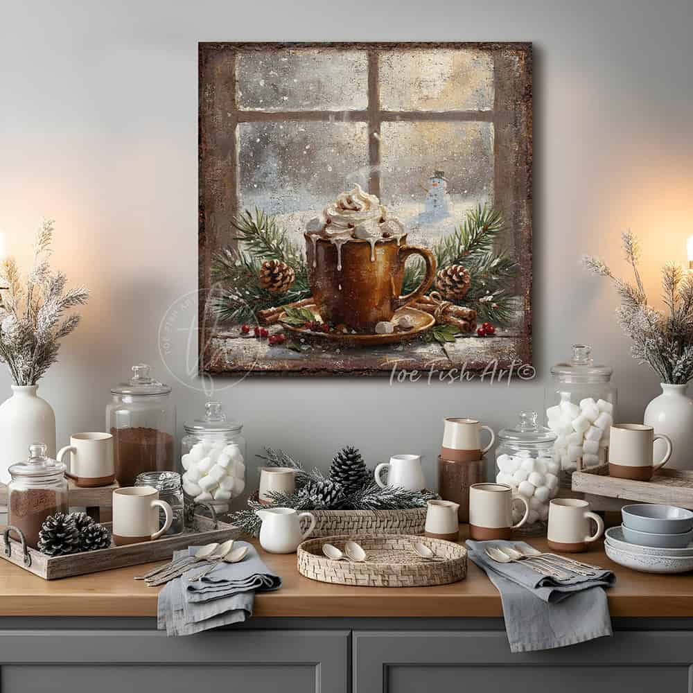 Rustic winter wall art of hot cocoa with whipped cream, pinecones, and snow scene, perfect for cozy Christmas décor.