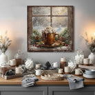 Rustic winter wall art of hot cocoa with whipped cream, pinecones, and snow scene, perfect for cozy Christmas décor.