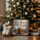 Rustic winter wall art of hot cocoa with whipped cream, pinecones, and snow scene, perfect for cozy Christmas décor.