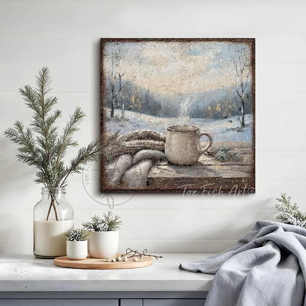 Bring the hygge vibes home with this charming canvas print of a steaming mug of coffee or hot cocoa nestled in a snowy winter wonderland.—Toe Fish Art makes authentic wall art with American sourced materials. Proudly made in the USA, each sign is constructed with genuine craftsmanship, heritage quality, and rustic charm. Our premium, handcrafted pieces are built to last. Discover American made wall art at toefishart.com—crafted to inspire, made to endure.