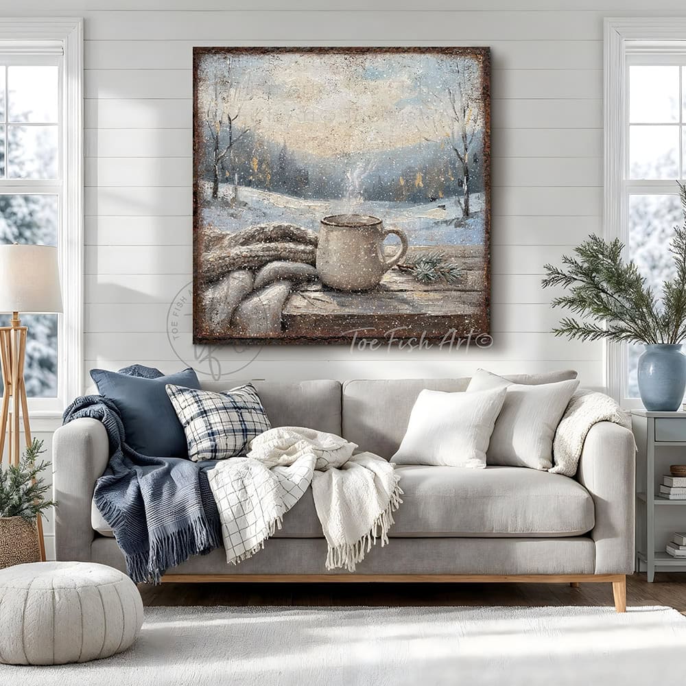 Bring the hygge vibes home with this charming canvas print of a steaming mug of coffee or hot cocoa nestled in a snowy winter wonderland.—Toe Fish Art makes authentic wall art with American sourced materials. Proudly made in the USA, each sign is constructed with genuine craftsmanship, heritage quality, and rustic charm. Our premium, handcrafted pieces are built to last. Discover American made wall art at toefishart.com—crafted to inspire, made to endure.