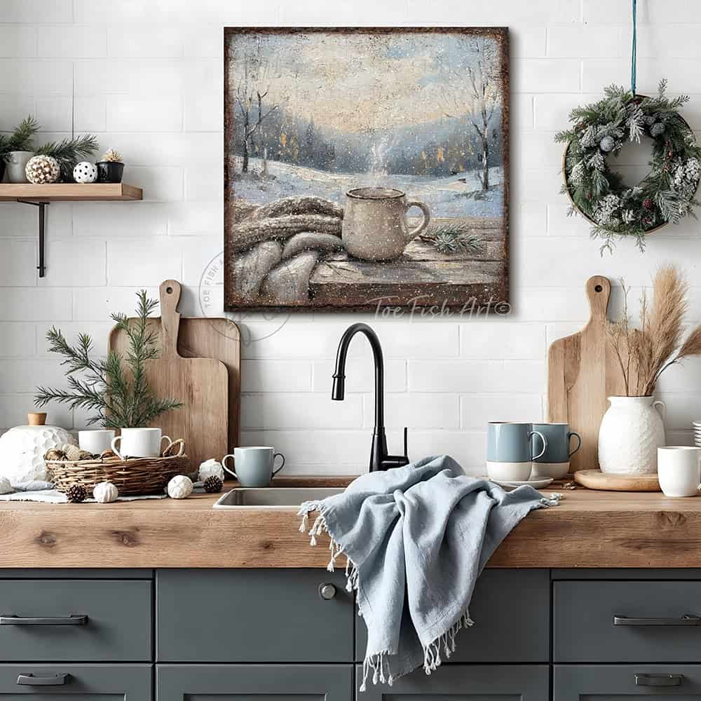 Bring the hygge vibes home with this charming canvas print of a steaming mug of coffee or hot cocoa nestled in a snowy winter wonderland.—Toe Fish Art makes authentic wall art with American sourced materials. Proudly made in the USA, each sign is constructed with genuine craftsmanship, heritage quality, and rustic charm. Our premium, handcrafted pieces are built to last. Discover American made wall art at toefishart.com—crafted to inspire, made to endure.
