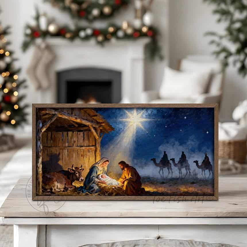 Wooden First Christmas Nativity Scene Painting on hardwood shiplap framed with raw Walnut wood. Meaningful, beautiful, and vibrant holiday Christian Faith home wall decor.—Toe Fish Art makes authentic wall art with American sourced materials. Proudly made in the USA, each sign is constructed with genuine craftsmanship, heritage quality, and rustic charm. Our premium, handcrafted pieces are built to last. Discover American made wall art at toefishart.com—crafted to inspire, made to endure.
