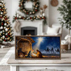 Wooden First Christmas Nativity Scene Painting on hardwood shiplap framed with raw Walnut wood. Meaningful, beautiful, and vibrant holiday Christian Faith home wall decor.—Toe Fish Art makes authentic wall art with American sourced materials. Proudly made in the USA, each sign is constructed with genuine craftsmanship, heritage quality, and rustic charm. Our premium, handcrafted pieces are built to last. Discover American made wall art at toefishart.com—crafted to inspire, made to endure.