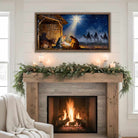 Wooden First Christmas Nativity Scene Painting on hardwood shiplap framed with raw Walnut wood. Meaningful, beautiful, and vibrant holiday Christian Faith home wall decor.—Toe Fish Art makes authentic wall art with American sourced materials. Proudly made in the USA, each sign is constructed with genuine craftsmanship, heritage quality, and rustic charm. Our premium, handcrafted pieces are built to last. Discover American made wall art at toefishart.com—crafted to inspire, made to endure.
