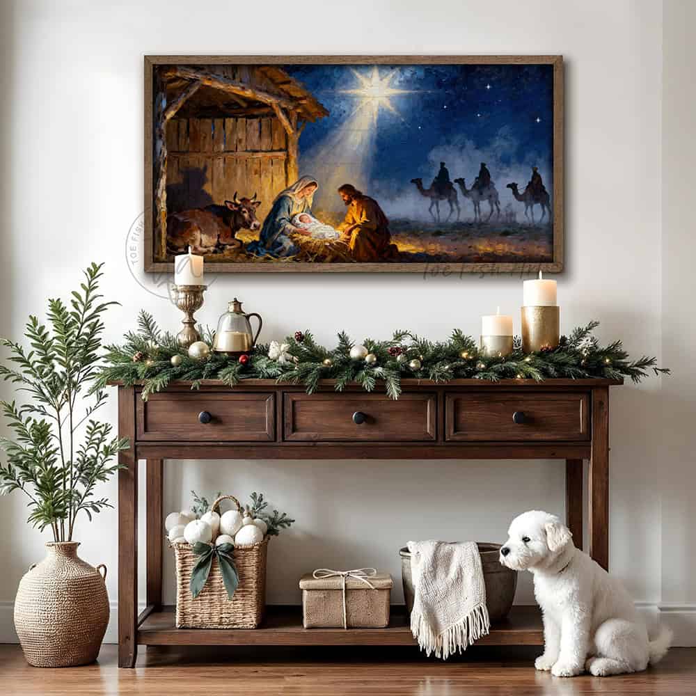 Wooden First Christmas Nativity Scene Painting on hardwood shiplap framed with raw Walnut wood. Meaningful, beautiful, and vibrant holiday Christian Faith home wall decor.—Toe Fish Art makes authentic wall art with American sourced materials. Proudly made in the USA, each sign is constructed with genuine craftsmanship, heritage quality, and rustic charm. Our premium, handcrafted pieces are built to last. Discover American made wall art at toefishart.com—crafted to inspire, made to endure.