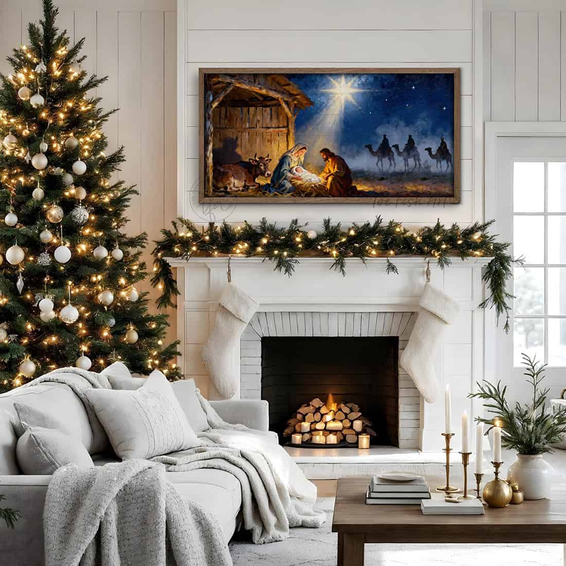 Wooden First Christmas Nativity Scene Painting on hardwood shiplap framed with raw Walnut wood. Meaningful, beautiful, and vibrant holiday Christian Faith home wall decor.—Toe Fish Art makes authentic wall art with American sourced materials. Proudly made in the USA, each sign is constructed with genuine craftsmanship, heritage quality, and rustic charm. Our premium, handcrafted pieces are built to last. Discover American made wall art at toefishart.com—crafted to inspire, made to endure.