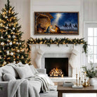 Wooden First Christmas Nativity Scene Painting on hardwood shiplap framed with raw Walnut wood. Meaningful, beautiful, and vibrant holiday Christian Faith home wall decor.—Toe Fish Art makes authentic wall art with American sourced materials. Proudly made in the USA, each sign is constructed with genuine craftsmanship, heritage quality, and rustic charm. Our premium, handcrafted pieces are built to last. Discover American made wall art at toefishart.com—crafted to inspire, made to endure.