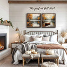 Toe Fish Art Rustic autumn wall art of a wooden dock on a misty lake surrounded by golden trees and fall leaves on the water.