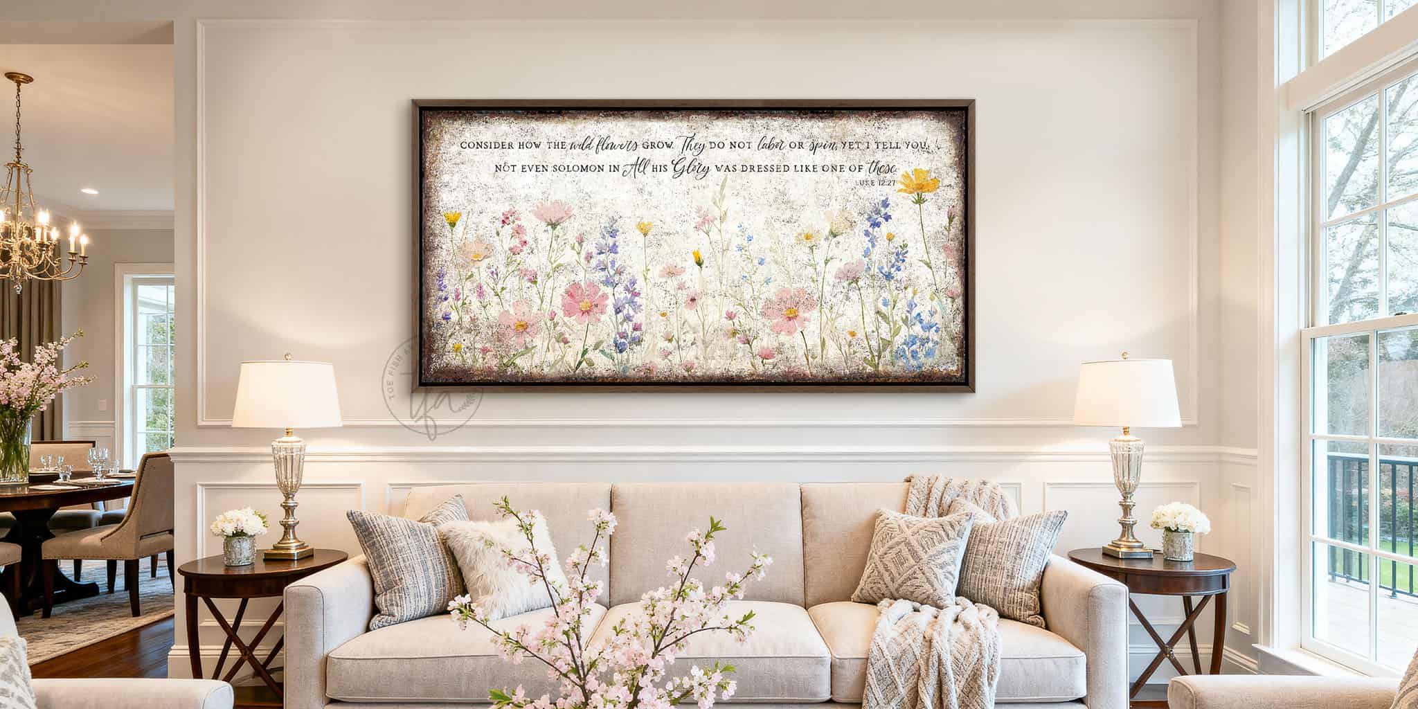 "Consider How The Wildflowers Grow..." Vintage Spring Wall Decor by Toe Fish Art. This timeless Christian Faith wall art captures the peaceful scripture of Luke 12:27 with its vintage floral design and natural spring meadow aesthetics. Choose between premium framed canvas or durable outdoor metal. Toe Fish Art makes artisan wall décor with American materials. Proudly Made in the USA, each piece is expertly constructed with genuine craftsmanship, heritage quality, and rustic charm.