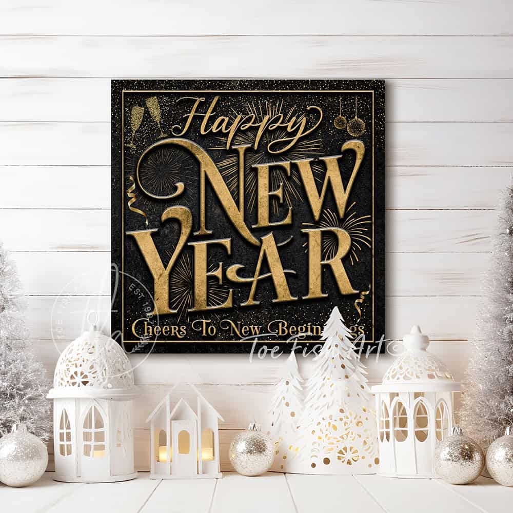 Toe Fish Art Gold and black Happy New Year wall art with champagne glasses, fireworks, and “Cheers to New Beginnings” text design.