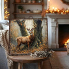 Toe Fish Art Rustic wall art of a majestic buck standing in an autumn forest surrounded by golden leaves and tall trees.