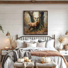Toe Fish Art Rustic wall art of a majestic buck standing in an autumn forest surrounded by golden leaves and tall trees.
