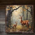 Toe Fish Art Rustic wall art of a mother deer and fawn standing in an autumn forest with golden leaves and soft morning light.