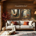 Toe Fish Art Rustic wall art of a mother deer and fawn standing in an autumn forest with golden leaves and soft morning light.