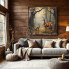 Toe Fish Art Rustic wall art of a mother deer and fawn standing in an autumn forest with golden leaves and soft morning light.