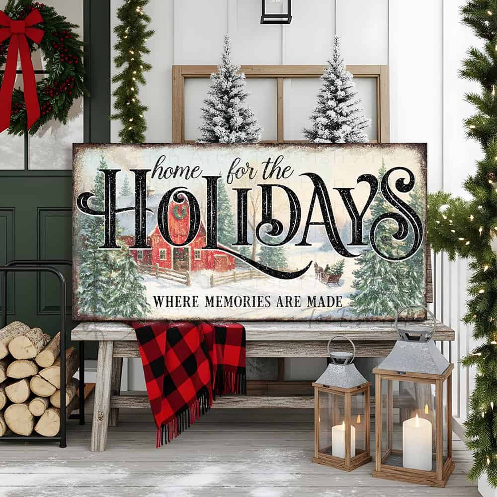 Toe Fish Art's Personalized Family Christmas Sign "Home for the Holidays" | Canvas or Outdoor Metal Print | Vintage farmhouse sign. — Toe Fish Art creates quality, artisan-made wall décor with authentic, American sourced materials. Proudly Made in the USA, each sign is expertly constructed with genuine craftsmanship, heritage quality, and rustic charm. Our premium, handcrafted pieces are built to last with durable materials. Custom, personalized, timeless designs for indoor and outdoor spaces.