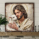 Toe Fish Art rustic Christian wall art of the Savior gently holding a lamb, symbolizing love, peace, and faith-inspired serenity.