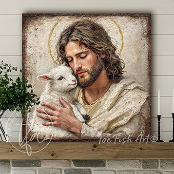 Toe Fish Art rustic Christian wall art of the Savior gently holding a lamb, symbolizing love, peace, and faith-inspired serenity.