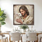 Toe Fish Art rustic Christian wall art of the Savior gently holding a lamb, symbolizing love, peace, and faith-inspired serenity.