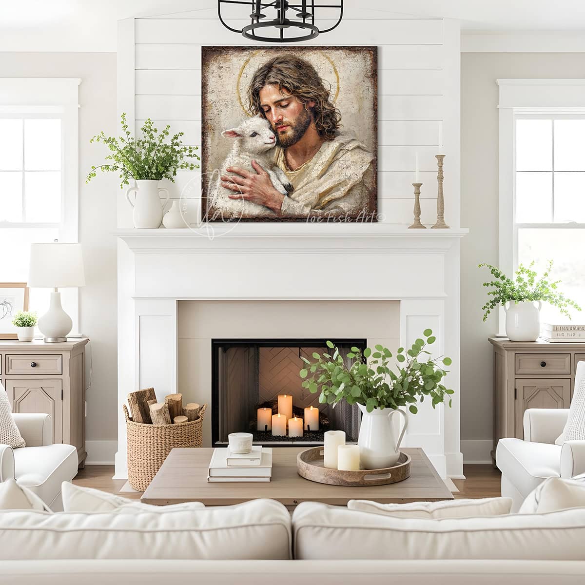 Toe Fish Art rustic Christian wall art of the Savior gently holding a lamb, symbolizing love, peace, and faith-inspired serenity.